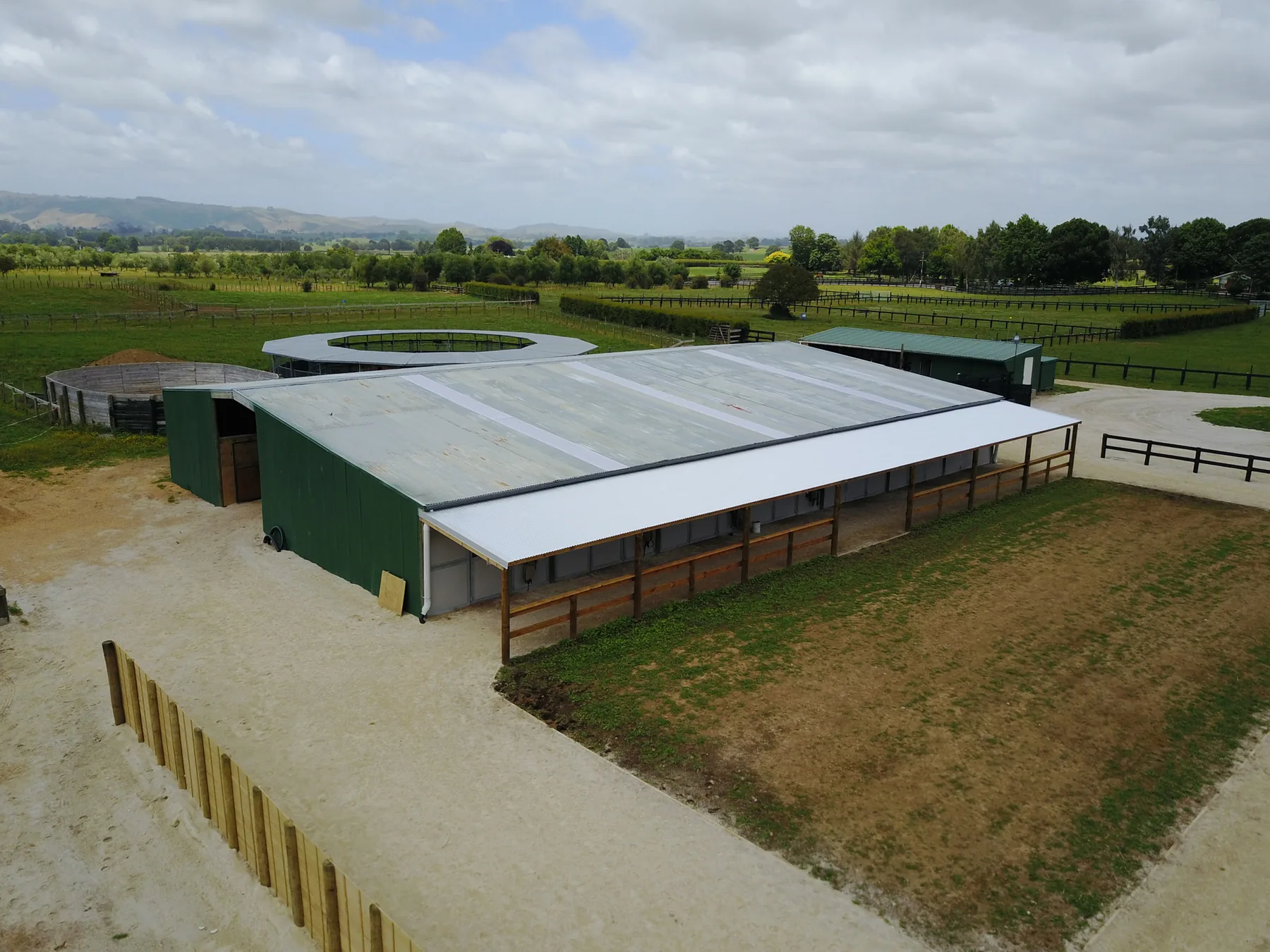Aerial view of a wide pole shed built by We Do It All Ltd in the Waikato